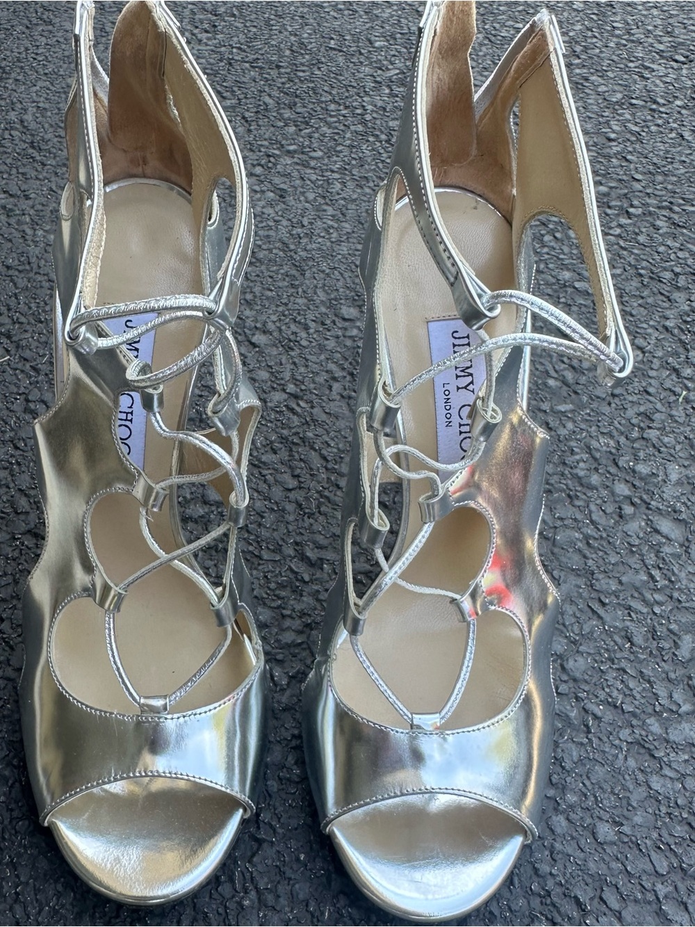 Authentic Jimmy Choo Silver Metallic Lace-Up Open-Toe Gladiator Heels